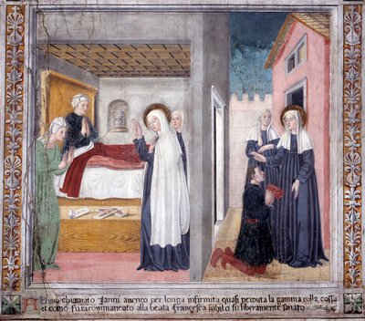 Szent Francesca Romana élete: A szent meggyógyít egy embert, aki elvesztette a lábát (Freskó alkotó: Antoniazzo Romano