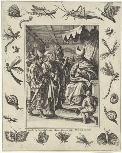 Krisztus Kajafás előtt Krisztus szenvedése (sorozat címe) alkotó: Antonie Wierix (II)