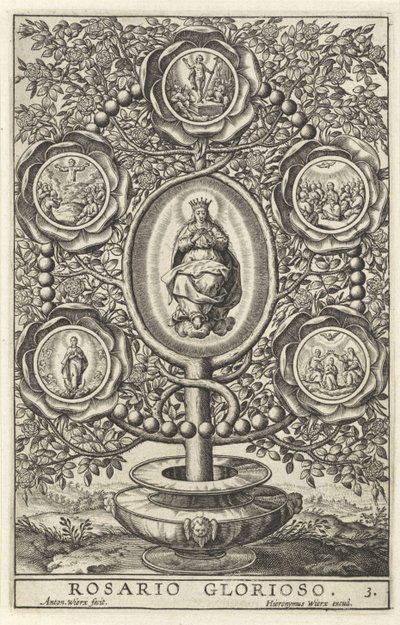 Öt dicsőséges rejtély Rosario Glorioso (cím a tárgyon) A rózsafüzér tizenöt titka (sorozat címe) alkotó: Antonie Wierix (II)
