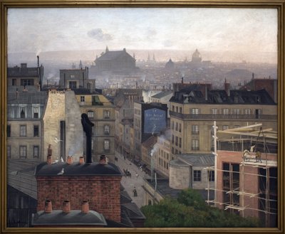 Párizs a Montmartre felől nézve. Az egyik épület falán „A kis újság” hirdetése. Antonin Chitussi (Chittussi) (1847-1891) festménye, olaj, vászon alkotó: Antonin Chittussi
