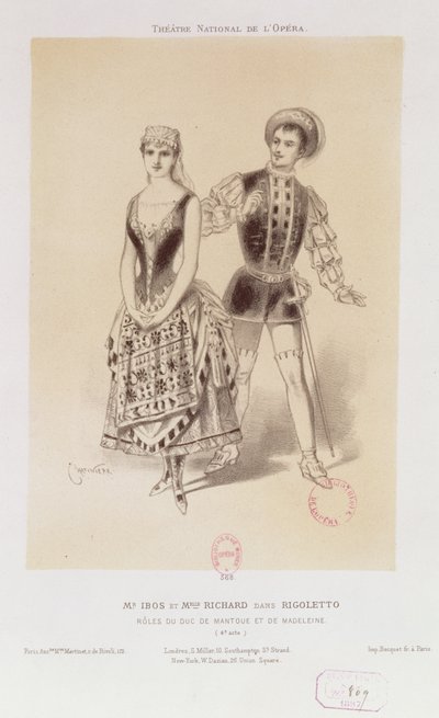Mr. Ibos és Miss Richard mint Mantua és Magdolna hercege Rigolettóban, Verdi, 1885 alkotó: Antonin Marie Chatiniere