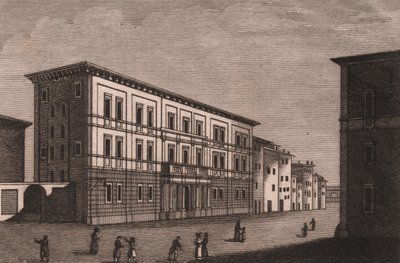 Kilátás a Pistoia-i püspöki palotára, Toszkánában, Olaszországban, Antonio Morghen (1788-1853) rézmetszete, kb 13x9,5 cm alkotó: Antonio (1788 1853) Morghen