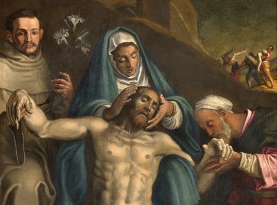 Északi kereszthajó, Lerakó oltár, Krisztus letétele, a Szűz és a Páduai Raymond és Anthony által támogatott szentek, Antonio Campi 1566, oltárrészlet alkotó: Antonio Campi