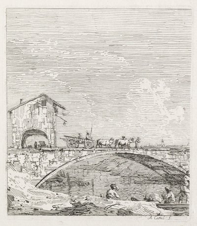 Kilátások: Egy kocsi áthalad a hídon alkotó: Antonio Canaletto