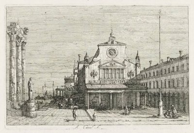Kilátás: Három oszlop és egy szobor a tenger partján alkotó: Antonio Canaletto