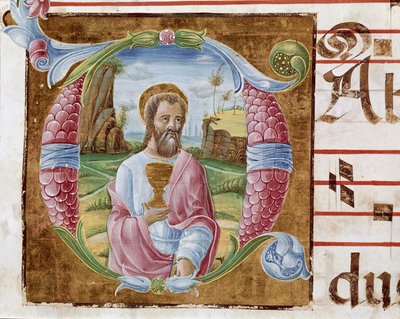 Szent János evangélista Lettrine, Antonio Cicognari által megvilágítva. Részlet egy antifonáriumból. 1483. Cremone, 4. kórus, capitolo del duomo alkotó: Antonio Cicognara