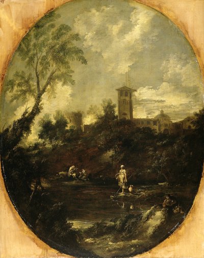 Táj szerzetesekkel, zarándokokkal és parasztasszonnyal alkotó: Antonio Francesco Peruzzini (attributed to)