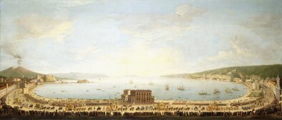 Panorámás kilátás a Nápolyi-öbölre, a Piedigrotta-i királyi körmenettel, alkotó: Antonio Joli