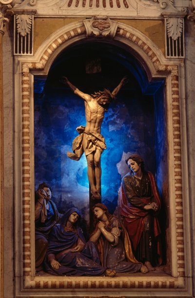 Keresztre feszítés, Anton Maria Maragliano (1664-1739), Feszület kápolna, Acquasantai Szűzanya kegyhely, Acquasanta, Genova, Liguria, Olaszország alkotó: Antonio Maria Maragliano