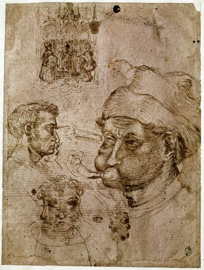 Négy férfi fej, amelyek közül kettőnek három arca van. Oltárkép. Egy ló. Rajzok Antonio di Puccio Pisano dit Pisanello (1395-1455) műhelyéből. Barna tinta, toll (rajz), vér. Mérete: 27,1x20,5 cm. Louvre, Cabinet des Medailles. alkotó: Antonio Pisanello