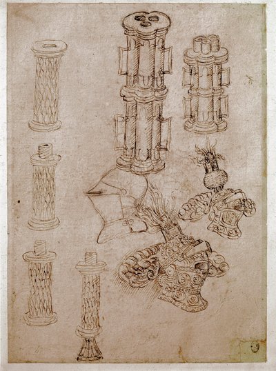 Három sisak és két fegyver letört. Antonio di Puccio Pisano dit Pisanello (1395-1455) rajza Barna tus, fekete kő, toll. Mérete: 28,7x20,6 cm. Louvre, rajzoló cég alkotó: Antonio Pisanello