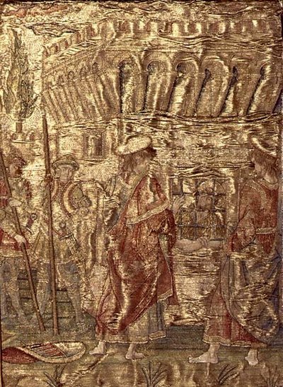 Keresztelő Szent Jánost látogató tanítványok a börtönben, a szent életéből vett jeleneteket ábrázoló kárpit (textil) alkotó: Antonio Pollaiuolo