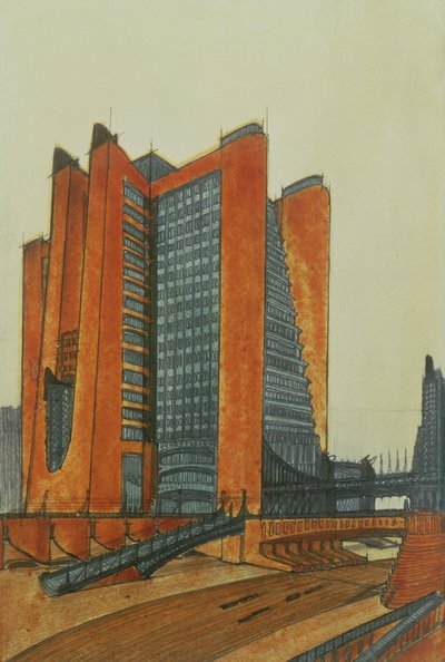 La Citta Nuova, 1913 (tinta, ceruza és WC papíron) alkotó: Antonio SantElia