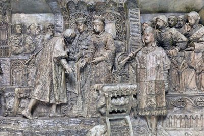 Kolumbusz és a katolikus királyok, Kolumbusz bemutatása a katolikus királyoknak a barcelonai Salon del Tinellben (bronz) alkotó: Antonio Susillo Fernandez