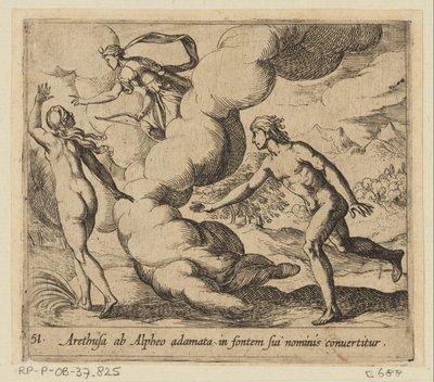Arethusa wordt achtervolgd ajtó Alpheus Arethusa, aki beleszeretett Alfeuszba, nevének forrásává válik (cím a tárgyon) Metamorfózis vagy átalakulások (sorozat címe) Metamorfosen van Ovidius (sorozat címe) alkotó: Antonio Tempesta