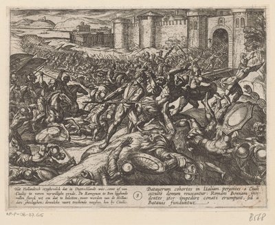 A rómaiak vereséget szenvednek a holland csapatoktól Bonnnál Bataviai háborúk a rómaiak ellen (sorozat címe) Batavorum cum Romanis Bellum (sorozat címe) alkotó: Antonio Tempesta