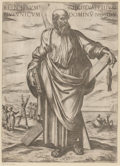 Szent Andrásé És Jézus Krisztusban, egyetlen fiában, a mi Urunkban (cím a tárgyon) Krisztus, Mária en de apostle (sorozat címe) alkotó: Antonio Tempesta