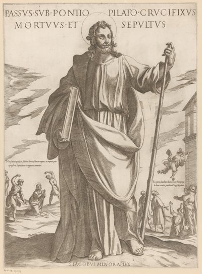 De heilige Jakobus de Mindere Poncius Pilátus alatti szenvedés, keresztre feszítve, meghalva és eltemetve (cím a tárgyon) Krisztus, Mária en de apostle (sorozat címe) alkotó: Antonio Tempesta