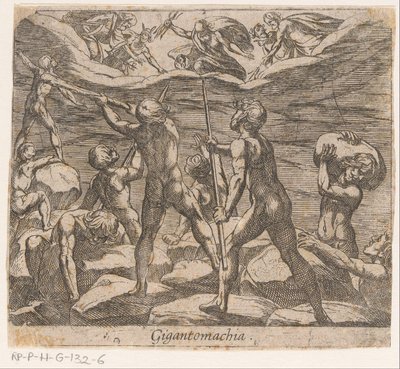 Az óriások megpróbálják megtámadni az Olimposzt Gigantomachia (cím a tárgyon) Metamorphoseon sive transformationum (sorozat címe) Ovidius metamorfózisai (sorozat címe) alkotó: Antonio Tempesta