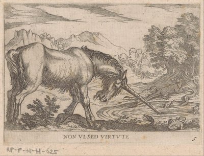 Egy egyszarvú gyíkokat kerget egy tóból Nem látható virtute (cím a tárgyon) Fighting Animals (sorozat címe) alkotó: Antonio Tempesta