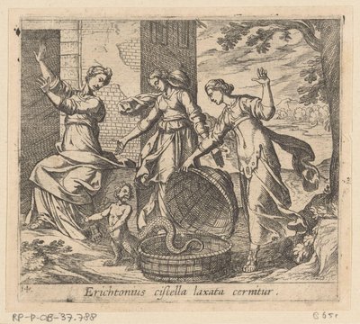 Erichthonius uit zijn mand gelaten Erichthonius egy laza kosárral látható (cím a tárgyon) Metamorfózis vagy átalakulások (sorozat címe) Metamorfosen van Ovidius (sorozat címe) alkotó: Antonio Tempesta