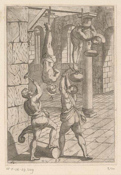 Kínzás kalapáccsal akasztás közben Keresztény mártírok által elszenvedett kínzás (sorozat címe) Varia tormentorum et supplicioru crudelium (...) (sorozat címe) alkotó: Antonio Tempesta