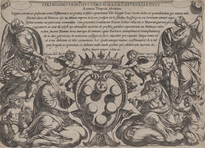 Az Ószövetség csatáinak homlokzata Medici karjaival, amelyet ... koronázott meg, 1660. alkotó: Antonio Tempesta