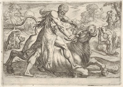 Herkules és Achelous: középen Herkules megragadja a bika szarvát, miközben megnyomja a ri..., 1608. alkotó: Antonio Tempesta