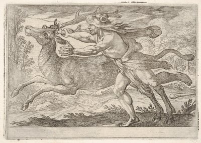 Herkules és a Cerynea-hegy hátulja: Herkules a háta mellett halad, és megragadja a..., 1608. alkotó: Antonio Tempesta
