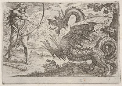 Herkules és a kígyó Ladon: Herkules kihúzza íját, megjelenik a nevelő kígyó a pro..., 1608-ban. alkotó: Antonio Tempesta