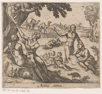 Az aranykor Aetas aurea (cím a tárgyon) Metamorphoseon sive transformationum (sorozat címe) Ovidius metamorfózisai (sorozat címe) alkotó: Antonio Tempesta