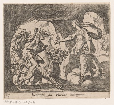 Juno en de Furien bij de port van de Hades Juno beszéde a fúriákhoz (cím a tárgyon) Metamorfózis vagy átalakulások (sorozat címe) Metamorfosen van Ovidius (sorozat címe) alkotó: Antonio Tempesta