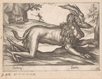 szörnyű lény Satirus/ Satiro (cím a tárgyon) Állatok és mitikus lények (sorozat címe) Nova raccolta de li animali piu curiosi del mondo (sorozat címe) alkotó: Antonio Tempesta