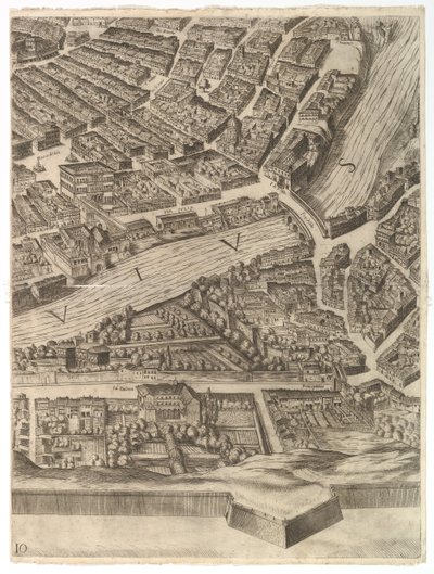 Róma város terve. 10. rész a Tiberissel és a Villa Farnesinával, 1645. alkotó: Antonio Tempesta