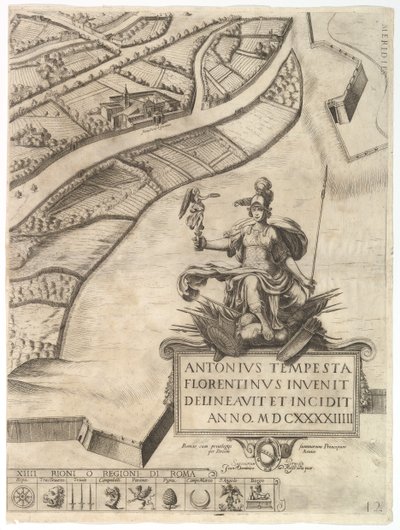Róma város terve. 12. rész a város délnyugati határával és egy nagy autóval..., 1645. alkotó: Antonio Tempesta