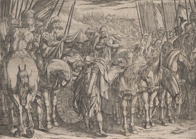 10. tábla: Sándor megtalálja Dareiosz testét, Nagy Sándor tetteiből, 1608. alkotó: Antonio Tempesta