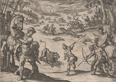 11. tábla: Sándor oroszlánvadászata, Nagy Sándor tetteiből, 1608., alkotó: Antonio Tempesta