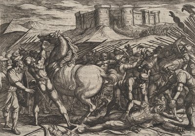 17. tábla: A rómaiakat Civilis lova félrevezette, hogy azt higgyék, meghalt vagy megsérült, 1611-ből.... alkotó: Antonio Tempesta