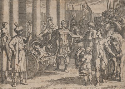 2. tábla: Sándor vágja a gordiuszi csomót, Nagy Sándor tetteiből, 1608., alkotó: Antonio Tempesta