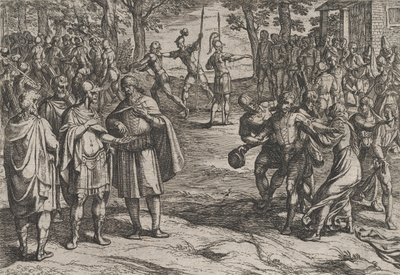 2. tábla: A rómaiak öreg holland férfiakat túszul ejtenek és fiatalokat csábítanak el, a Háborúból..., 1611. alkotó: Antonio Tempesta