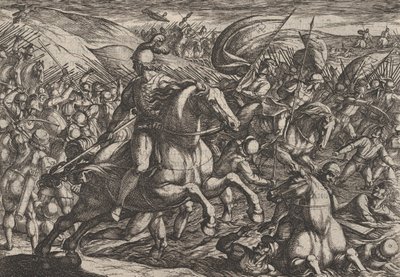 30. tábla: Cerialis, aki a hollandokat a Rajnába hajtja, A rómaiak háborúja a th... című filmből, 1611. alkotó: Antonio Tempesta