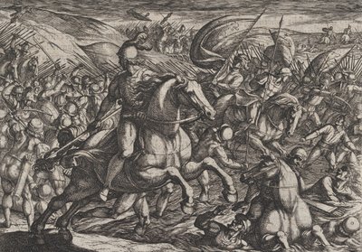 30. tábla: Cerialis, aki a hollandokat a Rajnába hajtja, A rómaiak háborúja a th... című filmből, 1611. alkotó: Antonio Tempesta