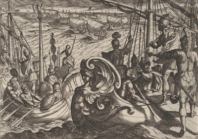 33. tábla: Holland és római flottillák a Rajnán, A rómaiak háborúja a B... ellen, 1611-ből. alkotó: Antonio Tempesta