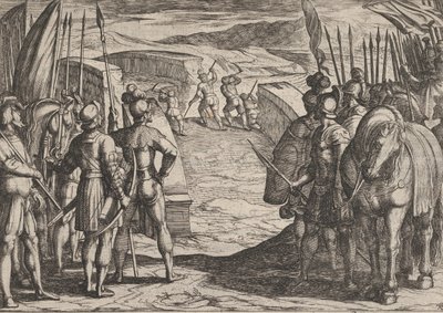 35. tábla: A bataviak megijednek és béketárgyalásokat kezdenek, A rómaiak háborúja Ag..., 1611-ből. alkotó: Antonio Tempesta