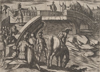 36. tábla: Civilis és Cerialis egy letört hídon találkoznak, hogy megegyezzenek, a The War of...-ból, 1611. alkotó: Antonio Tempesta