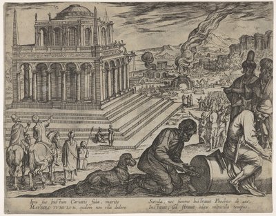 5. tábla: Mauszolosz sírja, kőművesek jobbra oszlopot készítenek, A hét csoda...-ból, 1608. alkotó: Antonio Tempesta