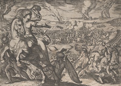 6. tábla: Darius a csatatérről menekül, Nagy Sándor tetteiből, 1608. alkotó: Antonio Tempesta