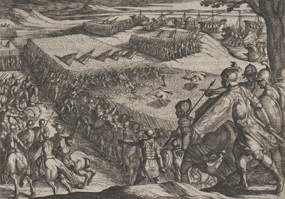 6. tábla: Rómaiak legyőzése a Rajna közelében, A rómaiak háborúja a bataviak ellen..., 1611-ből. alkotó: Antonio Tempesta