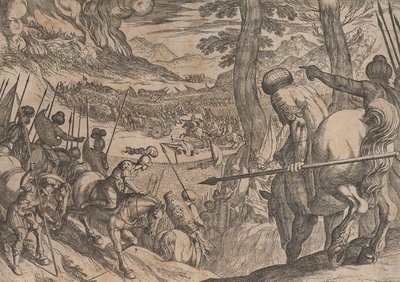 8. tábla: Sándor az ellenséges csapatokat tűzzel bekerítve, A Sándor tetteiből, 1608. alkotó: Antonio Tempesta