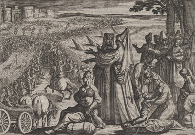 8. tábla: Nők és gyerekek megfigyelik a rómaiakkal harcoló civileket, A romák háborújából..., 1611. alkotó: Antonio Tempesta